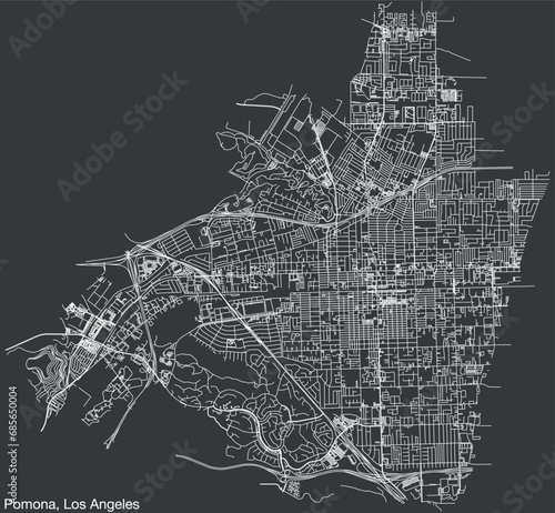 Detailed hand-drawn navigational urban street roads map of the CITY OF POMONA of the American LOS ANGELES CITY COUNCIL, UNITED STATES with vivid road lines and name tag on solid background