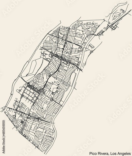 Detailed hand-drawn navigational urban street roads map of the CITY OF PICO RIVERA of the American LOS ANGELES CITY COUNCIL, UNITED STATES with vivid road lines and name tag on solid background