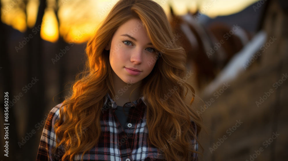 Beautiful young redhead in a summer meadow. Country girl outdoor portrait