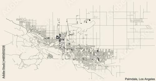 Detailed hand-drawn navigational urban street roads map of the CITY OF PALMDALE of the American LOS ANGELES CITY COUNCIL, UNITED STATES with vivid road lines and name tag on solid background