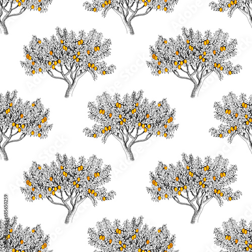 Seamless pattern with peach trees