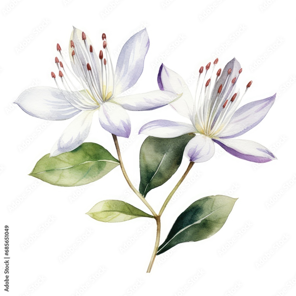 Watercolor Illustration of Delicate Caper Flowers Isolated on White Background