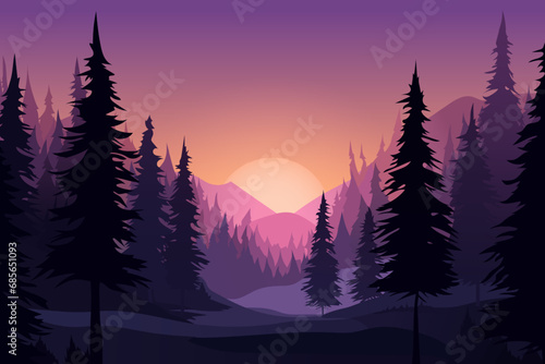 Stunning sunset in the winter forest. Beautiful landscape of a winter forest against the backdrop of mountains and a dark pink, purple sunset with silhouettes of trees. Design for Christmas. © LoveSan