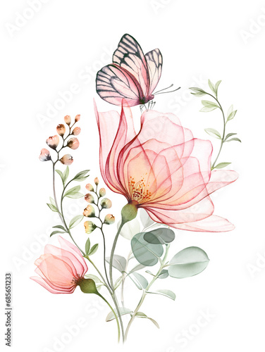 Watercolor bouquet with roses, eucalyptus and butterfly. Big transparent pink flowers with curved plants. Pastel bright composition in modern classical style. Hand painted abstract artwork (ID: 685651233)