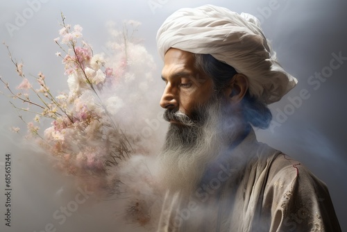 double exposure for a bud touched by the wind, it opened and a sufi man photo