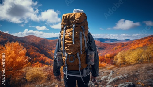 Hiker on majestic mountain, backpack by their side, soaking in breathtaking valley view