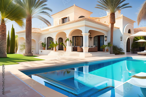 Mediterranean white villa with palm trees and pool, Ai generated © pil76