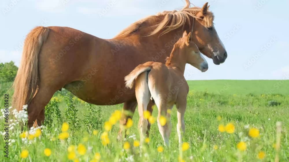 A horse with a small foal on a green pasture with yellow flowers against a blue sky. A horse with a small foal on a green pasture with yellow flowers against a blue sky.