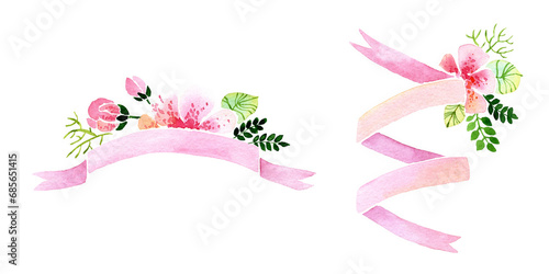 Watercolor floral banner with pink ribbons for text. Bouquet with pink roses and simple green leaves. Thank you card template. Isolated hand drawn abstract illustration (ID: 685651415)