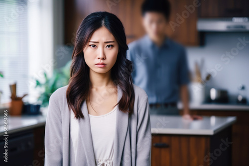 Asian woman feeling sad and disappointed, her husband is behind