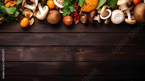 Organic harvest Vegetables from garden and forest mushrooms. Vegetarian ingredients for cooking on dark rustic wooden background, top view, border. Generative AI.