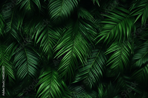 Serene and vibrant lush green tropical forest leaves as a background in low light style