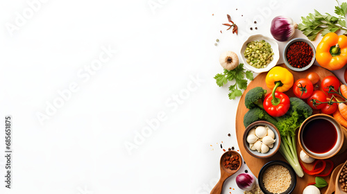 Various organic vegetables ingredients and empty iron cooking pot, wooden bowls, spoons on wooden background. Top view, copy space. Organic vegetables ingredients for vegan cooking. Cl. Generative AI.