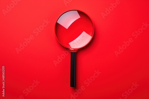 Magnifier magnifying exclamation mark on red background. Alert and precaution concept.