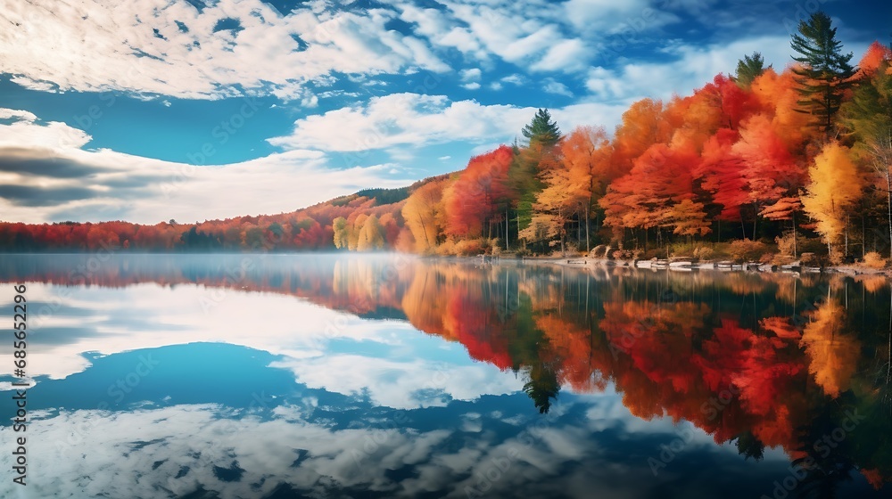 A serene lake reflecting colorful autumn foliage