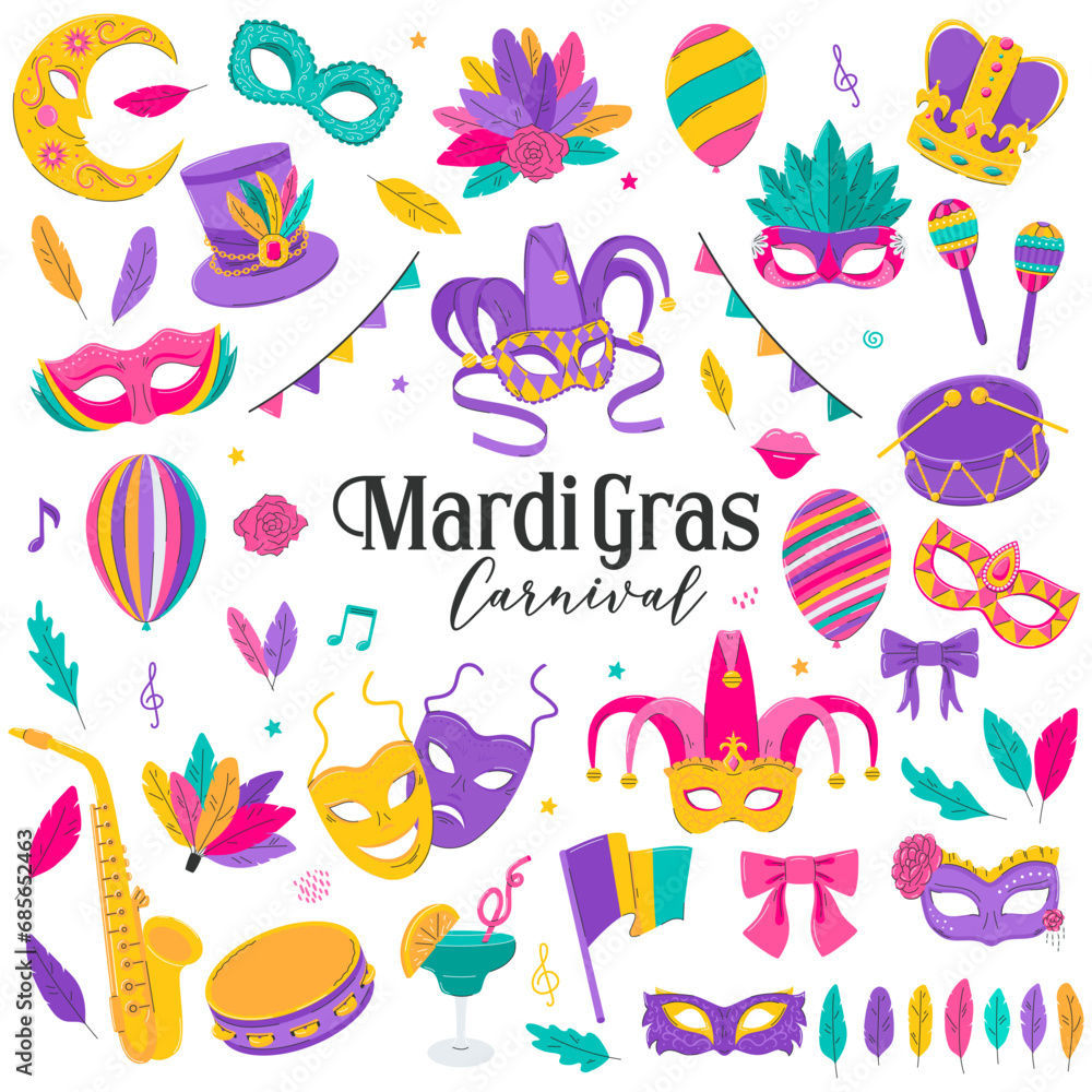 Naklejka premium Mardi Gras traditional symbols collection. Decorative elements for Mardi Gras, Venetian festival. Carnival masks, party decorations, feathers. Flat vector illustrations isolated on a white background