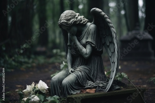 Image with background and place for caption and fragment of tragic sad angel statue at the cemetery. Funeral ceremony.