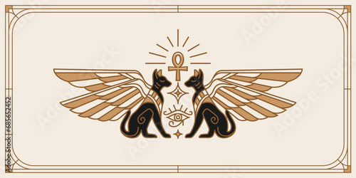 Two winged egypt cats, sacred eye of god Horus. Ancient Egypt vintage art hipster line art Illustration vector with eye of horus with Sacred scarab wings wall art design in outline minimal design