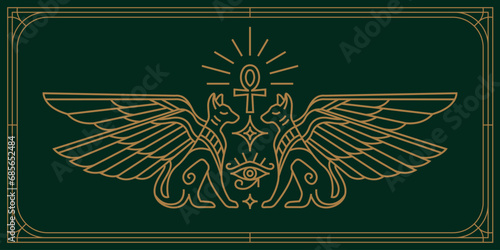Two winged egypt cats, sacred eye of god Horus. Ancient Egypt vintage art hipster line art Illustration vector with eye of horus with Sacred scarab wings wall art design in outline minimal design