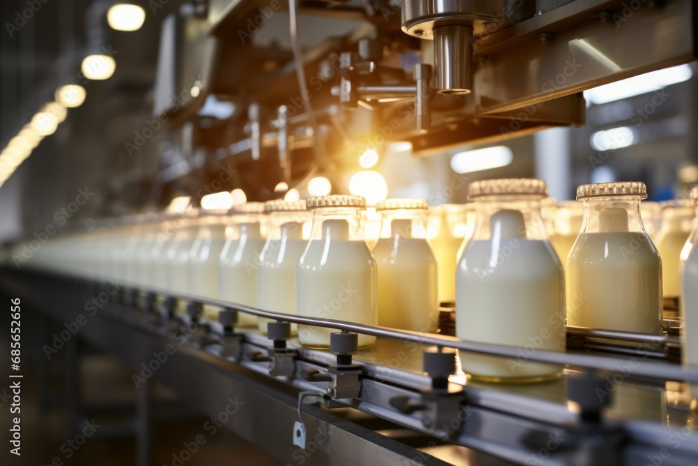 Automated process of filling milk and yogurt into glass bottles at a modern dairy plant