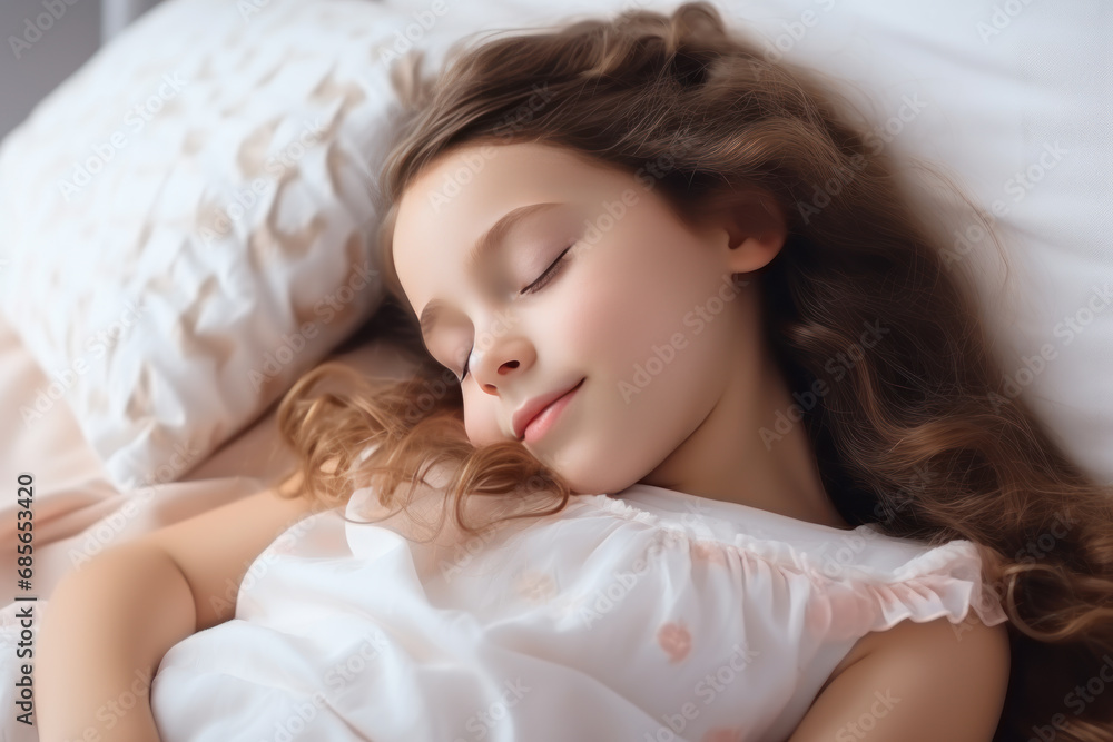 Brunette little girl sleeping well on white pillow in bed Brunette little girl sleeping well on white pillow in bed