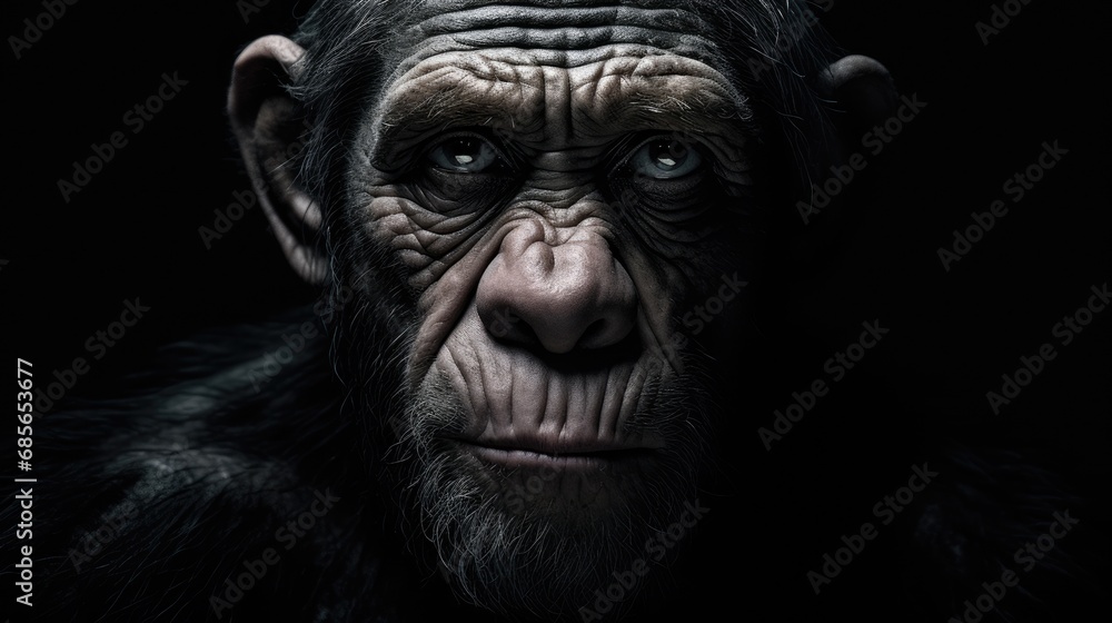 Chimpanzee. Close-up portrait of a wild ape in monochrome style. Illustration for cover, postcard, interior design, banner, brochure, etc..