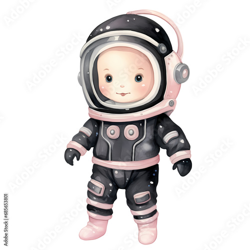 Cute Baby Girl Astronaut Suit Watercolor Clipart Illustration © pisan