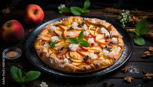 Homemade peach pie on rustic wooden background, a tasty slice of country inspired delight