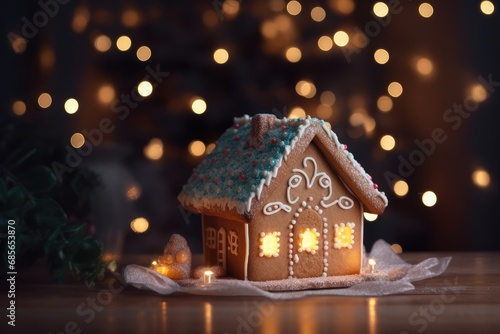 Gingerbread house Christmas Hut on wood table with xmas winter fairy lights frosting icing deco, bokeh macro, captivating, baked homemade cookie cottage, Brown sweet candy home with white sugar snow 