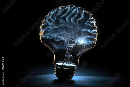 Human brain light bulb with fire, long-term memory, storage of information, short-term memory, mind processing informations and stimuli, brain's neurons fire, deep learning and remembering process photo