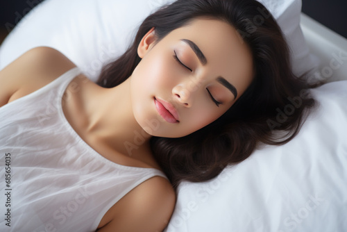 Indian woman sleeping well on white pillow in bed