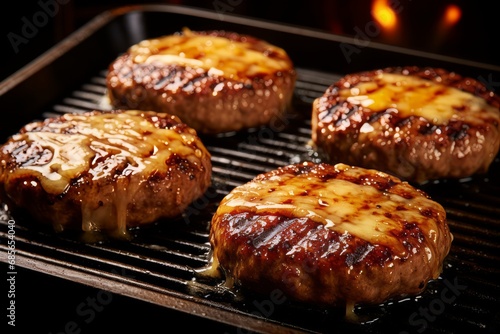Mouthwatering grilled meat burger patty with melted cheese and fresh toppings sizzling on a hot pan