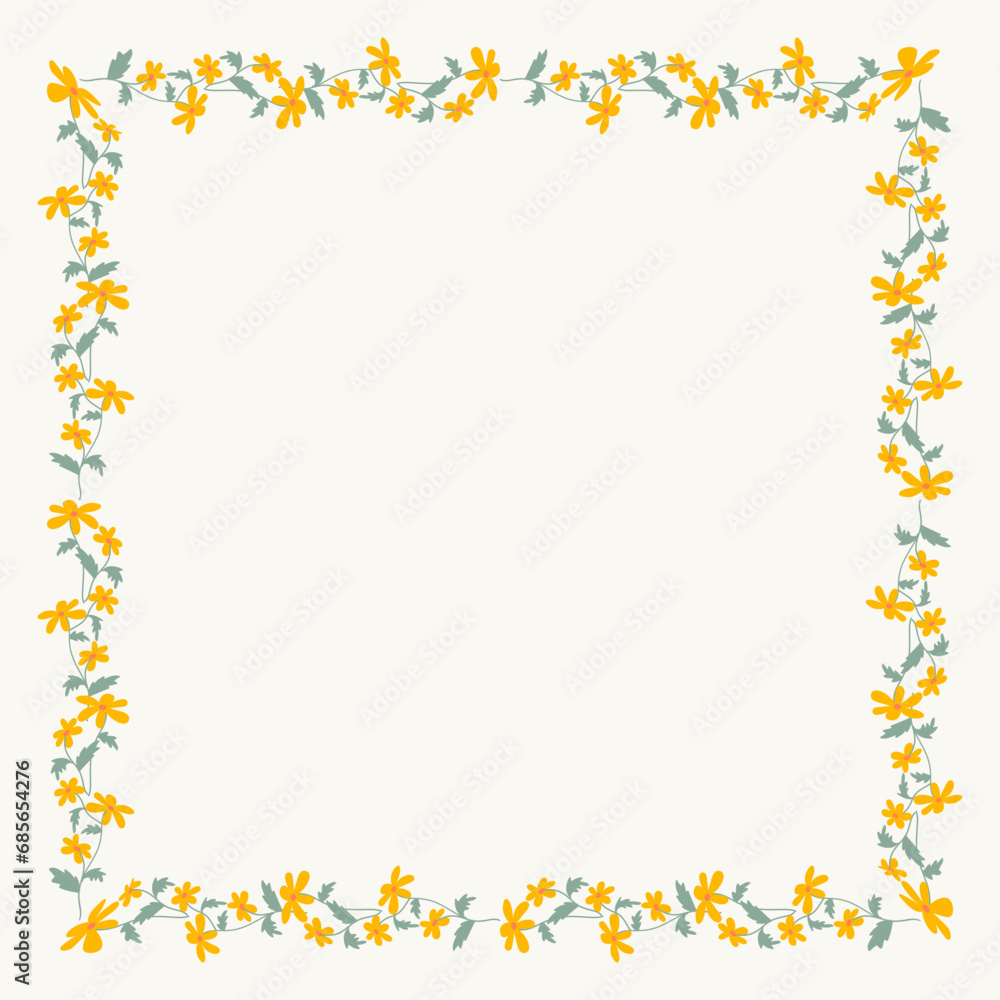 Square floral frame vector illustration. Hand drawn doodle yellow flowers. Color Floral border.