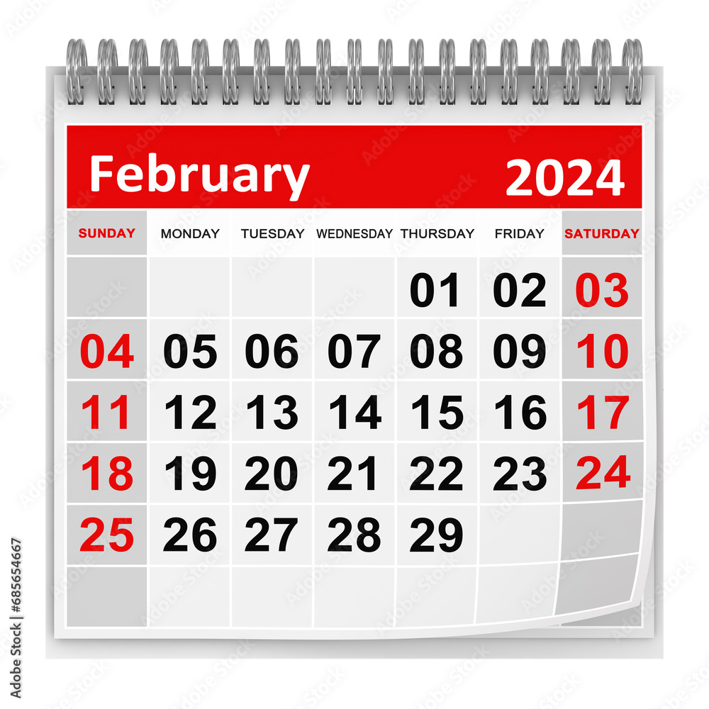 Calendar - February 2024 - obrazy, fototapety, plakaty 