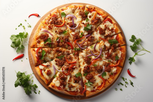 Top view of a Sausage and Peppers Pizza on a light background. Generative AI.