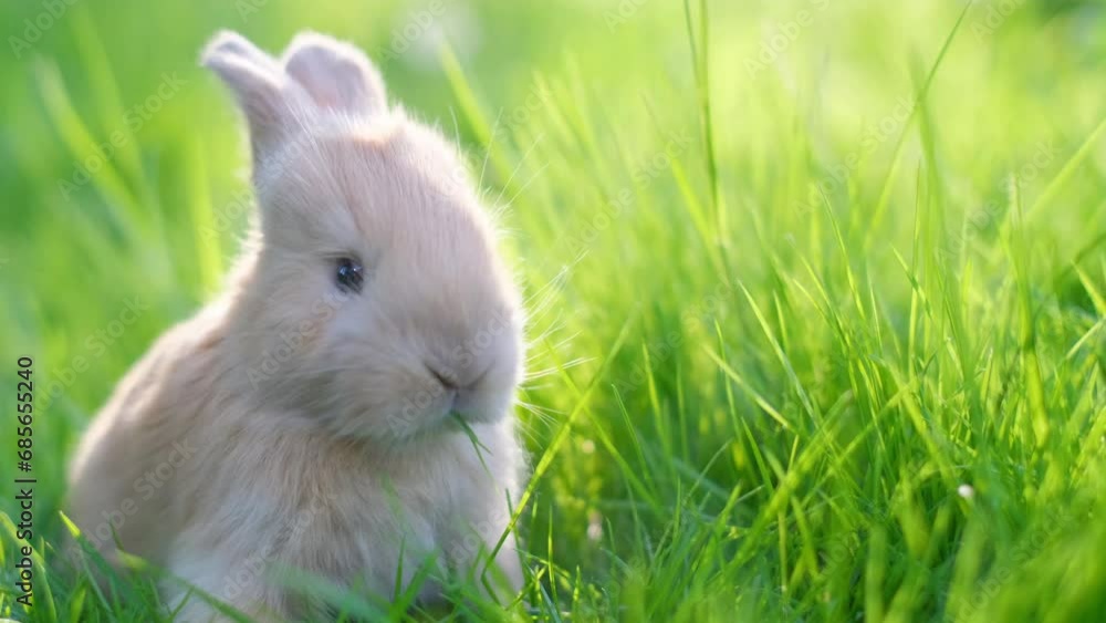 Close up of adorable little rabbit on green field on summer sunny day. The rabbit eats grass deliciously. Close up of adorable little rabbit on green field on summer sunny day. The rabbit eats grass deliciously.