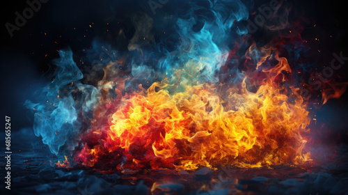Dramatic smoke and fog in contrasting vivid red  blue  and purple colors. Vivid and intense abstract background or wallpaper.