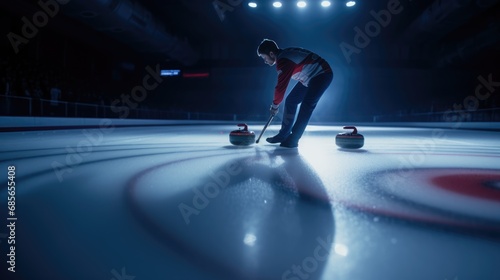 A man engaged in a fast-paced game of curling photo realistic illustration - Generative AI.