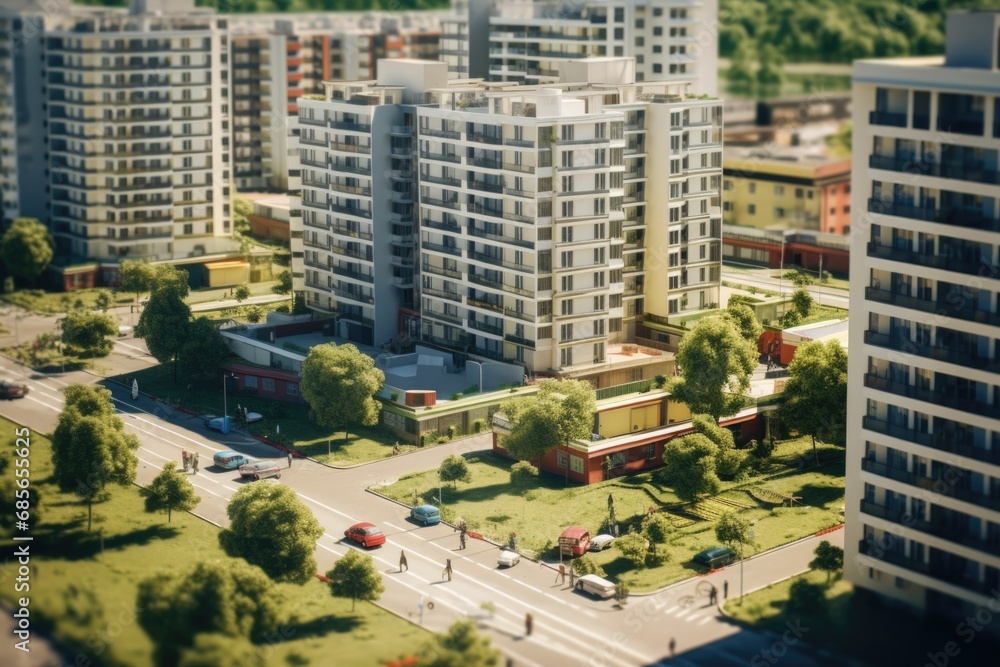 Obraz premium A model of a city with a collection of towering buildings. This image can be used to depict urban development, city planning, architecture, or the concept of a bustling metropolis