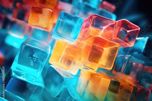 A detailed close-up view of a bunch of ice cubes. 