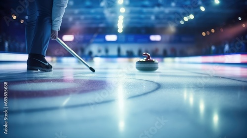 A man engaged in a fast-paced game of curling photo realistic illustration - Generative AI. photo