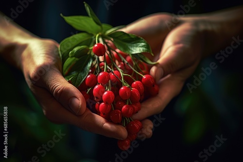 A person holding a bunch of cherries in their hands. Suitable for food and nutrition-related content © Ева Поликарпова