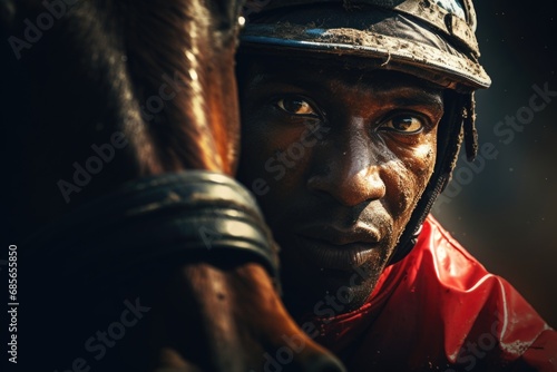 A close-up photograph of a person with a horse. 
