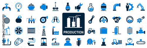 Production industry factory icons set, plant, chemical manufacturing, automated industrial machines, automation, optimization of manufacturing and production processes - stock vector