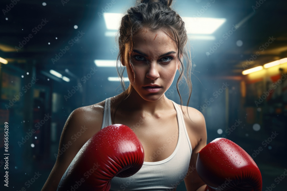 A woman wearing a white tank top and red boxing gloves. This image can be used to depict strength, fitness, and determination
