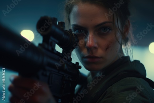 A woman is pictured holding a rifle in a dark room. This image can be used to depict themes of danger, protection, and security