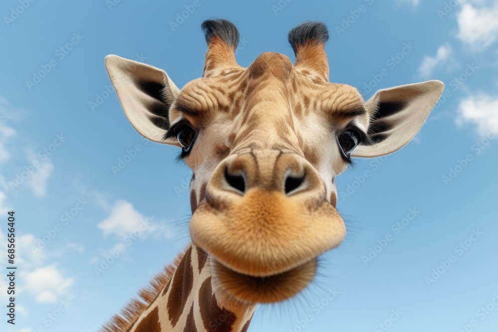 A close up photograph of a giraffe's face with its distinctive markings against a clear blue sky. This image can be used to depict wildlife, nature, African animals, or safari themes