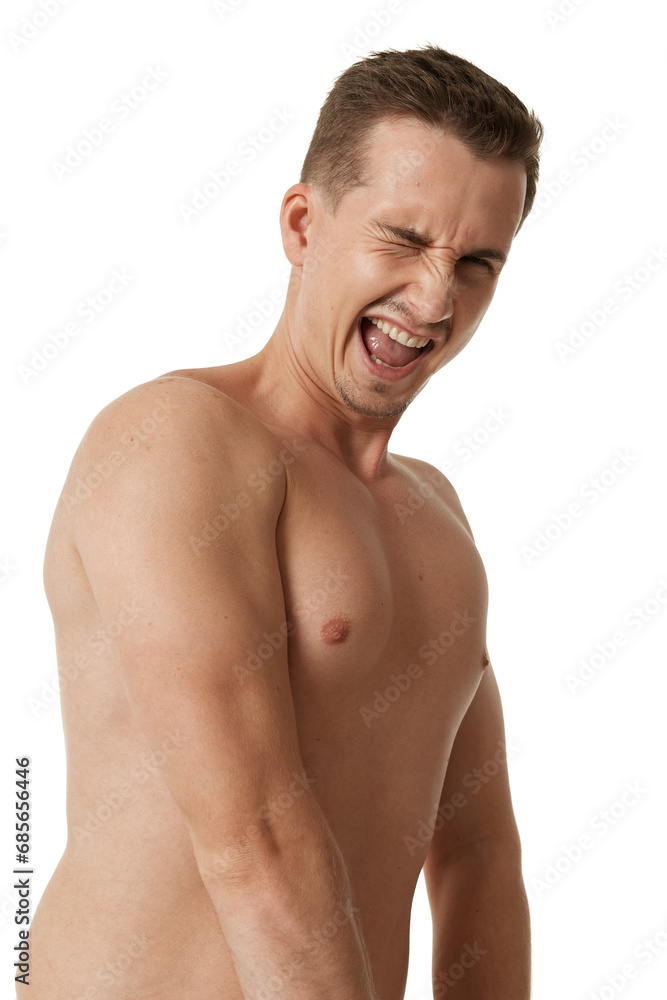 young man showing his bicep over white background young man showing his bicep over white background