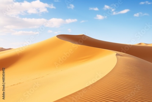 A picturesque desert landscape with rolling sand dunes under a clear blue sky. This image can be used to depict the beauty and vastness of nature