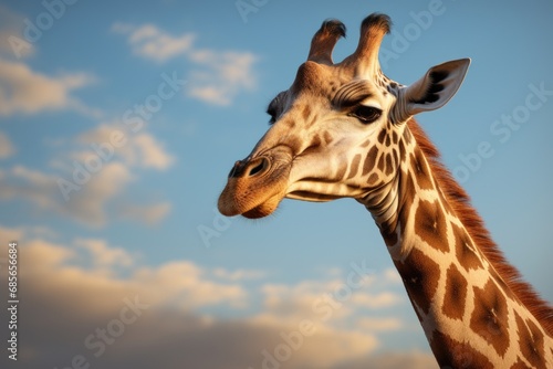 A close-up view of a giraffe's head against a clear blue sky. This image can be used to depict the beauty and majesty of wildlife in their natural habitat